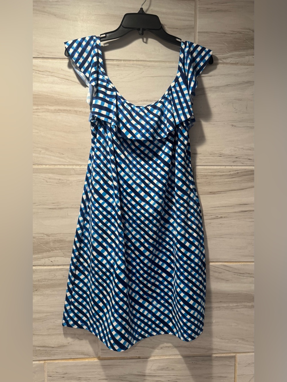 Tommy Bahama Blue and White Gingham Ruffle-Trim Midi Dress Size Medium